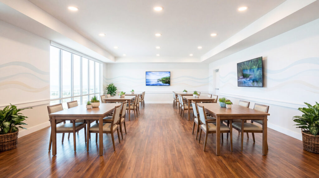 広々とした清潔感のある食堂・交流スペース