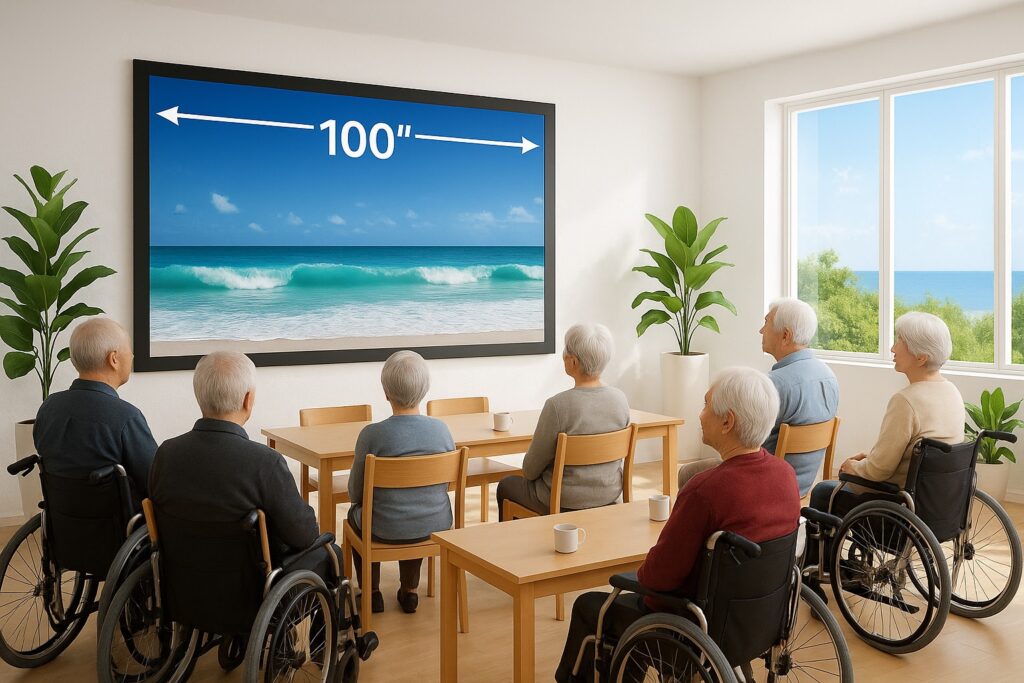 食堂に設置された100インチの巨大プロジェクター（レクリエーション風景）