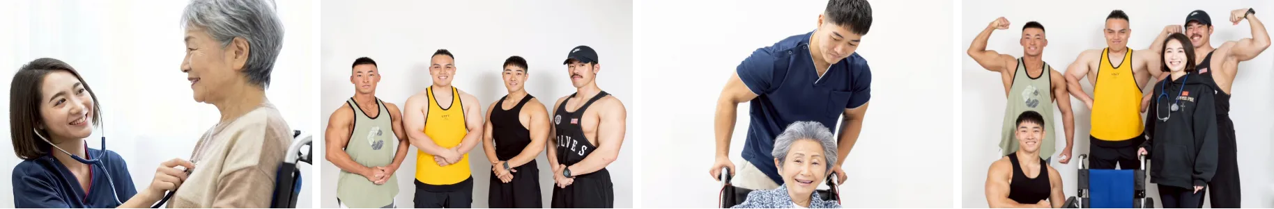 SEA SMILEの日常風景（介助の様子、マッスルなスタッフ、集合写真）